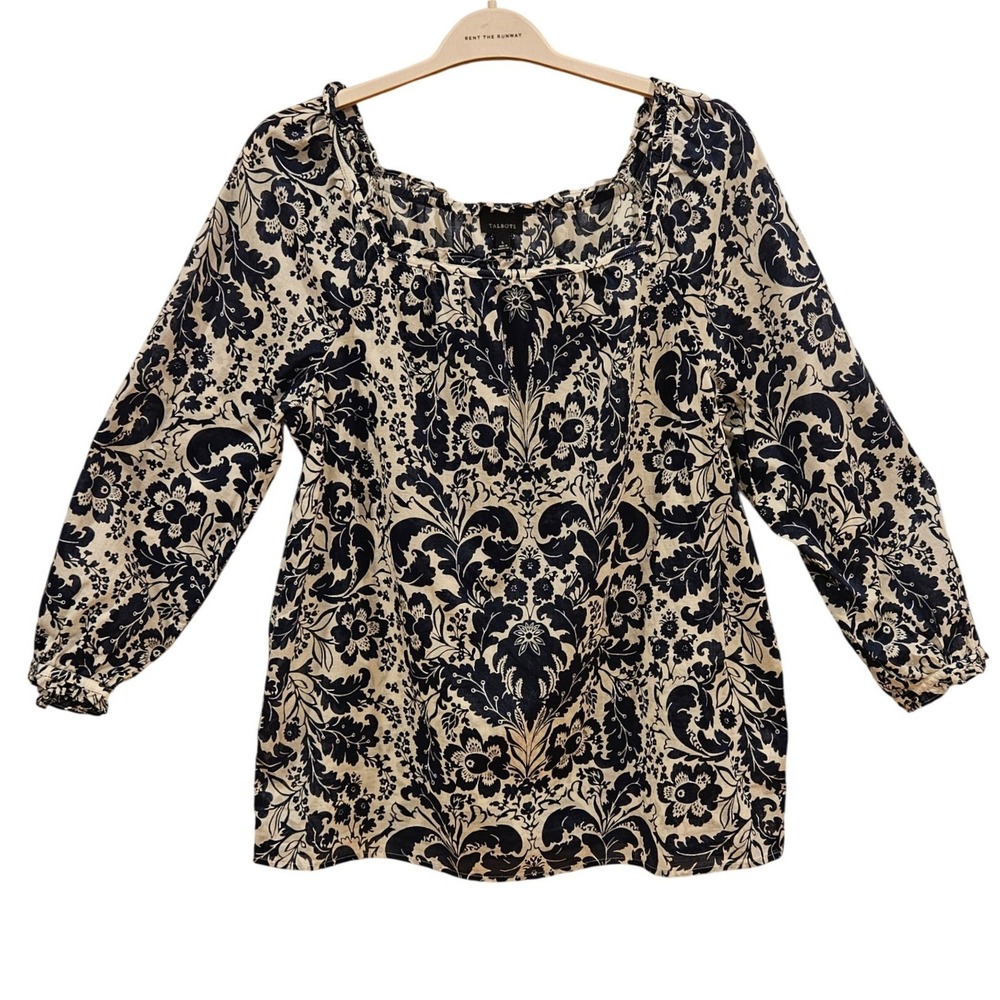 Talbots Womens Large Navy Blue Cream Damask Floral Ruffle Boho Bohemian Blouse